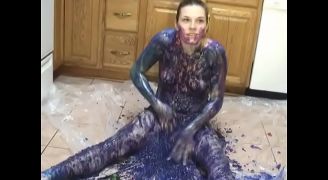 Teen Girl Strips And Plays In Puddle Of Body Paint On Kitchen Floor